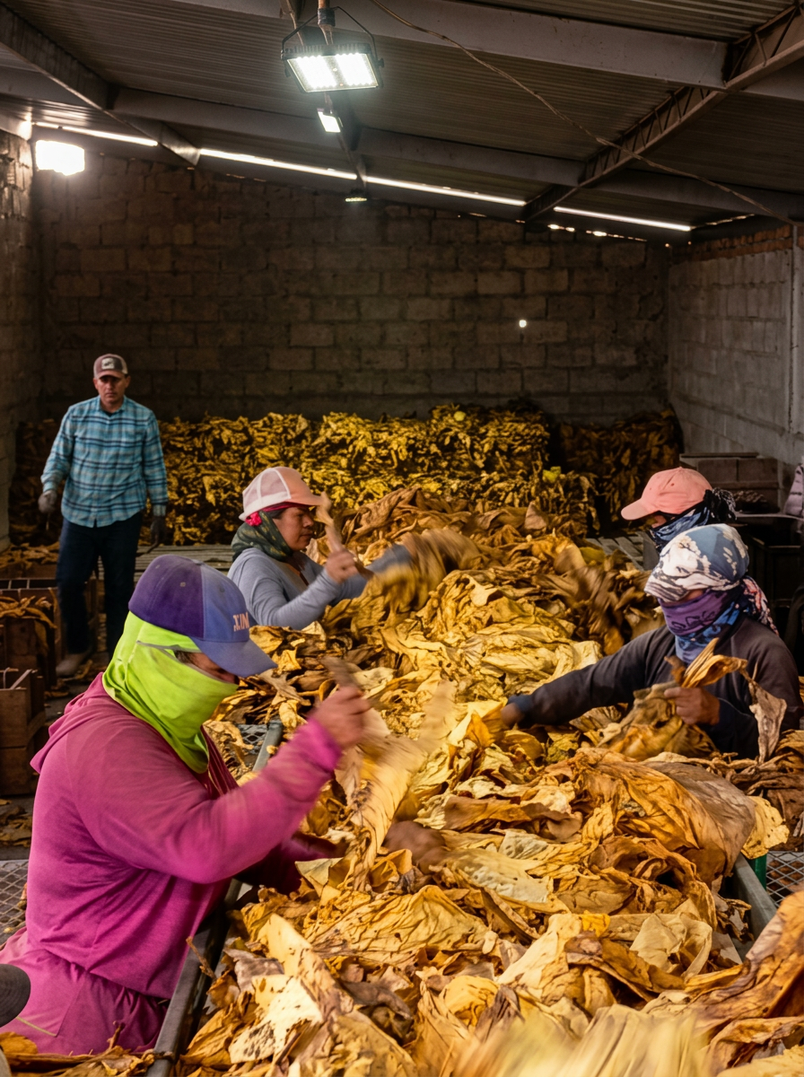 Equipo seleccionando hoja curada en bodega