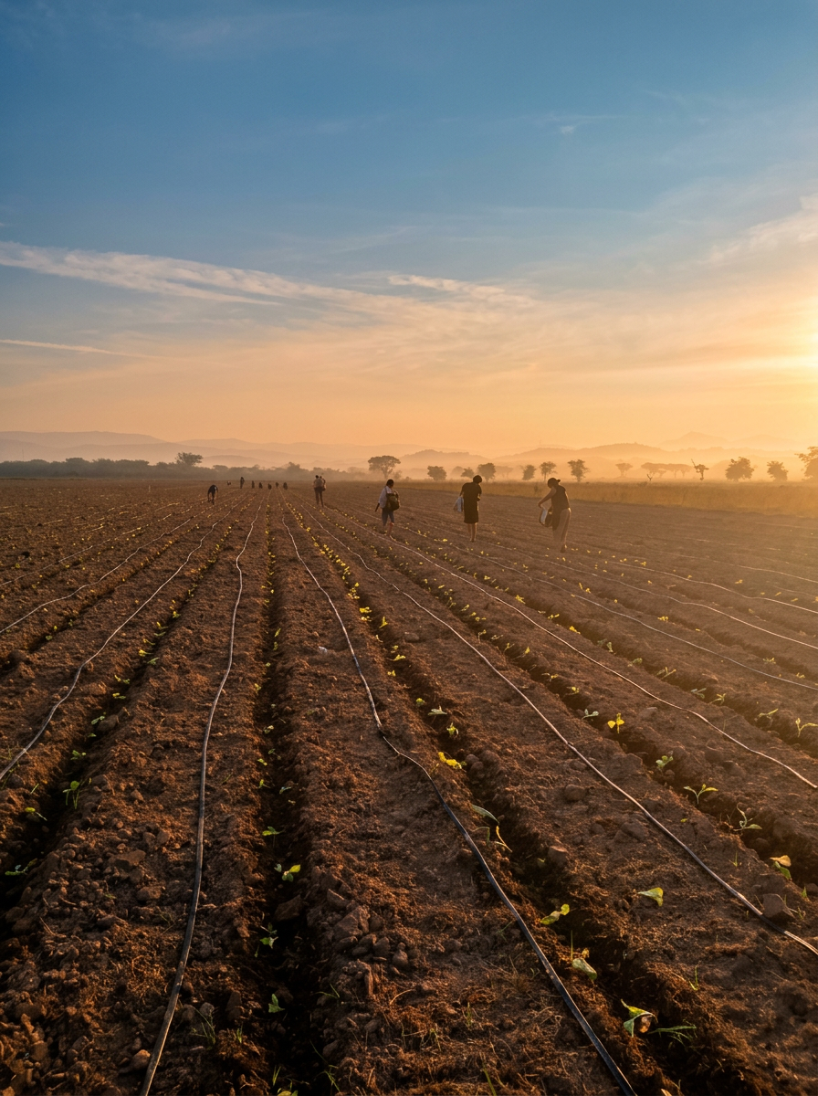 Trasplante de tabaco al atardecer en surcos con riego por goteo